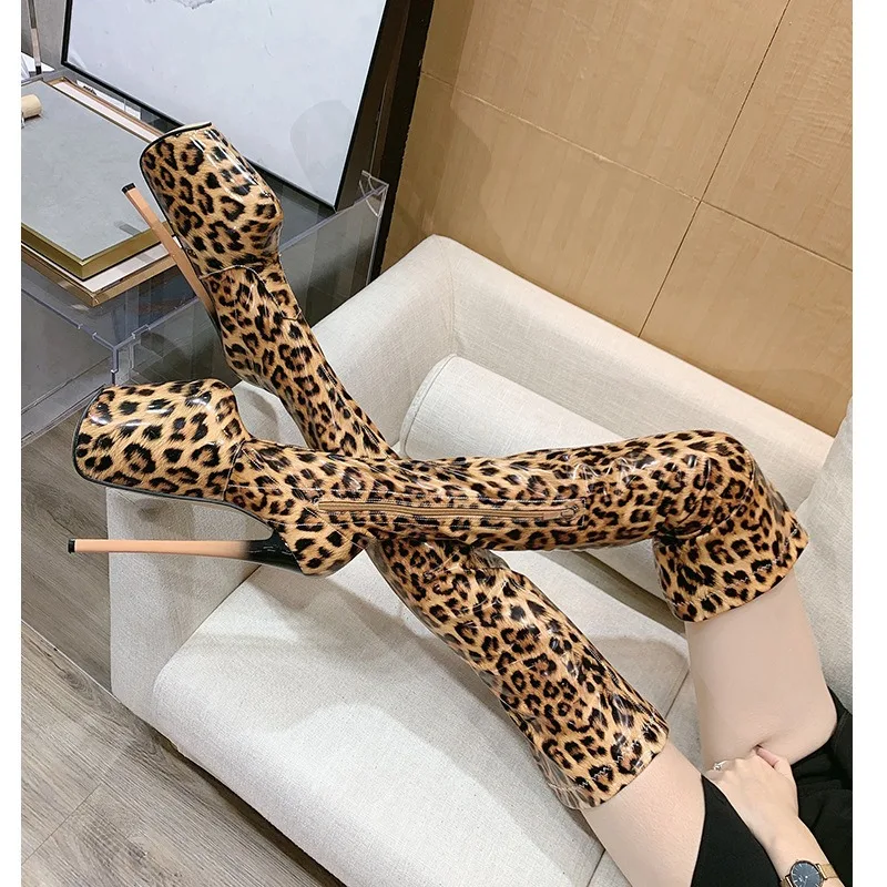 

Women's Boots Leopard Print Elastic High Tube Over-the-knee Long Boots 19cm Thin Heels Khaki Platform Side Zipper Women Shoes