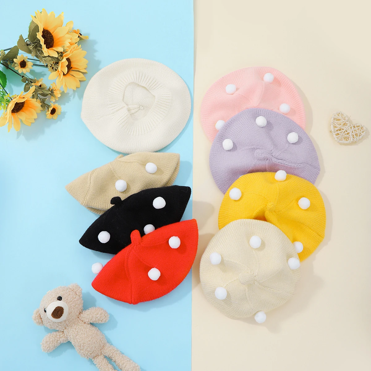 ベビーベレー帽 ストレッチニット かわいい装飾付き 軽量 暖かい 冬 秋 新生児 幼児用