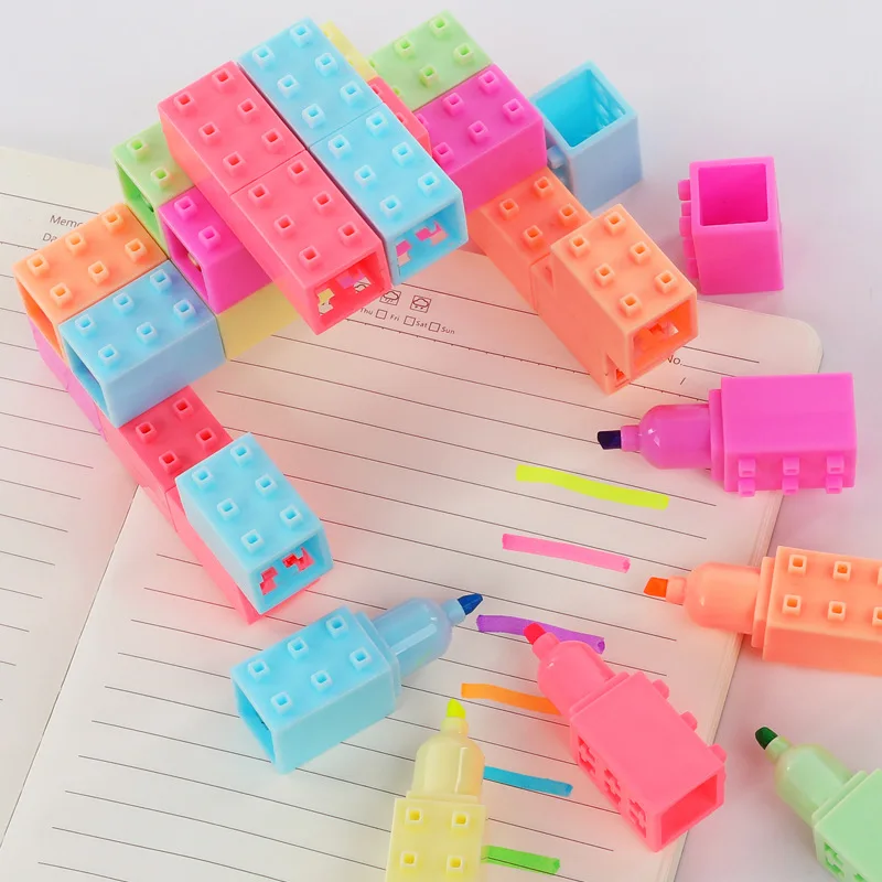 6pcs Building Blocks Highlighters Set Mini Fluorescent Marker Liner Pens for Paint Drawing Kids Gift School A7621