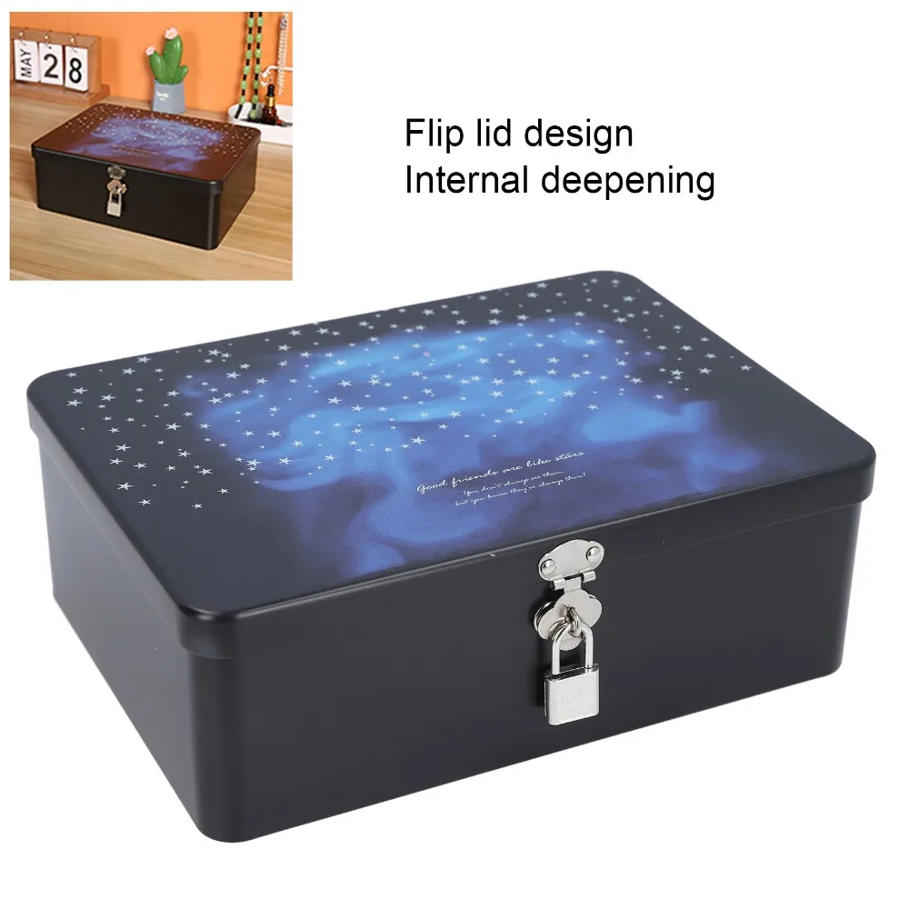 4pcs With Lid Tinplate Storage Box Padlock Starry Metal Jewelry Case Large Size Compact Rectangular Tin Box Desktop Storage