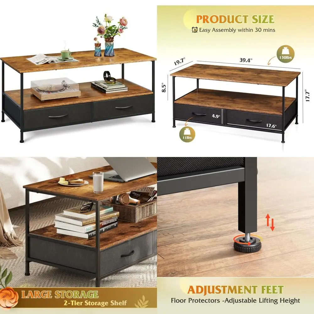 

WLIVE Coffee Table, 39 Coffee Table with Storage & Drawers, 2-Tier Wood Center Table for Living Room, Apartment, Bedroom, Metal