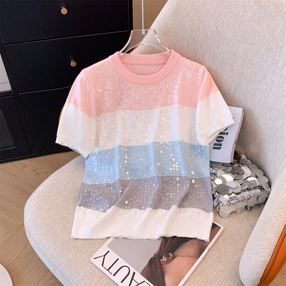 Shiny Knit Sweater Women T-shirt Pullovers Stylish Elegant Fashion Chic Tees Tops 2024 Summer Short Sleeve Knitwear