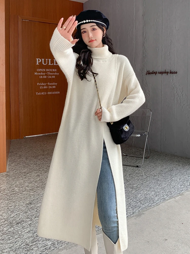 [EAM] Women Orange Knitting Long Slit Big Size Dress New Turtleneck Long Sleeve Loose Fit Fashion Spring Autumn 2024 1DE5886