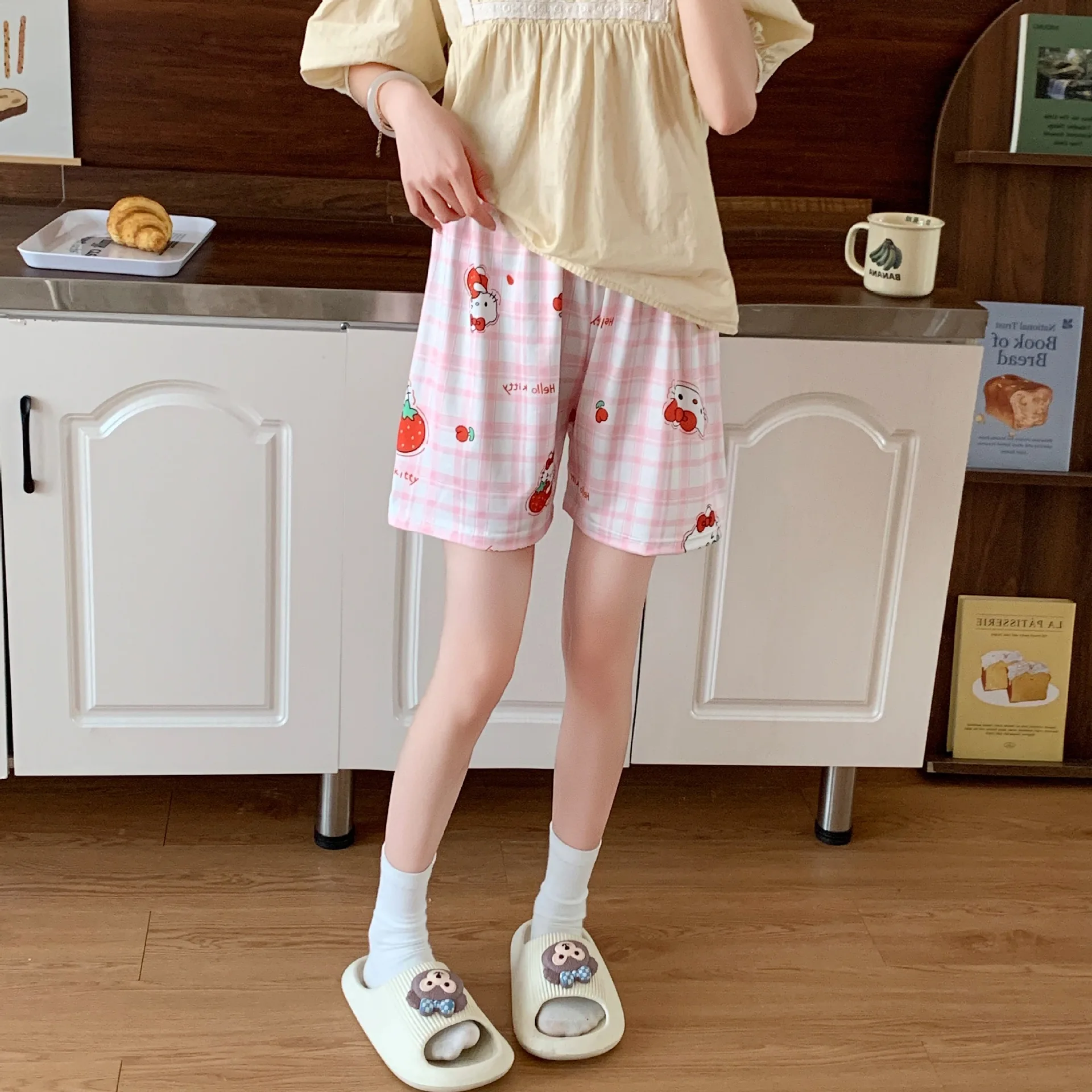 HelloKitty 여성 잠옷 바지 만화 귀여운 느슨한 홈 잠옷 봄 여름을위한 긴 짧은 바지