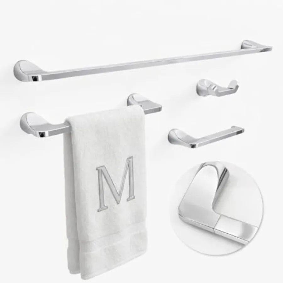 

Bathroom Towel Holder Set - 4 Pieces Heavy Duty Wall Mounted Accessories in Polished Chrome - 25'' Towel Bar Robe Hooks Toilet
