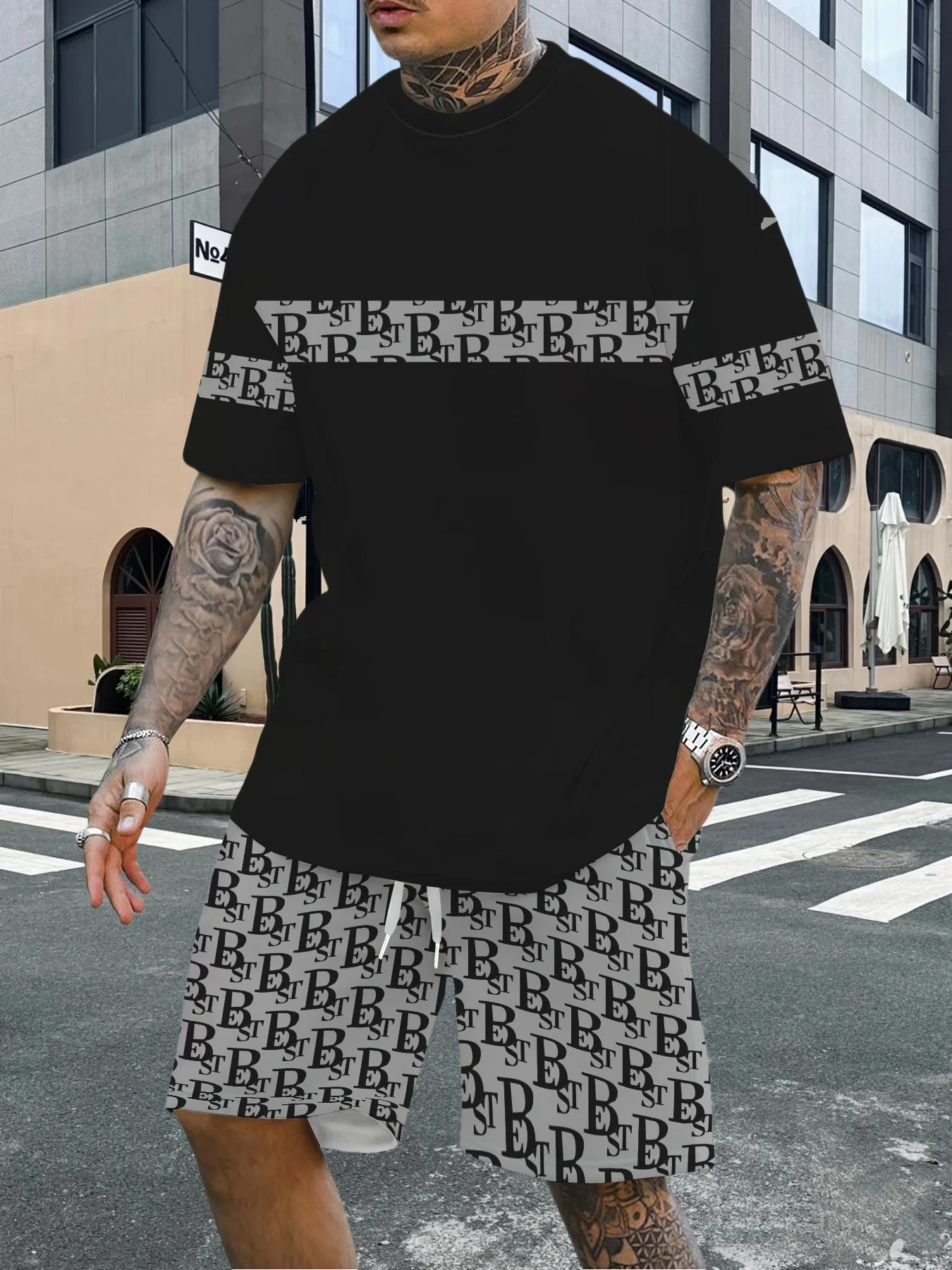 

2025 шорты с короткими рукавами и простым буквенным принтом, повседневный костюм для взрослых, модный тренд, уличный универсальный костюм для спорта и отдыха