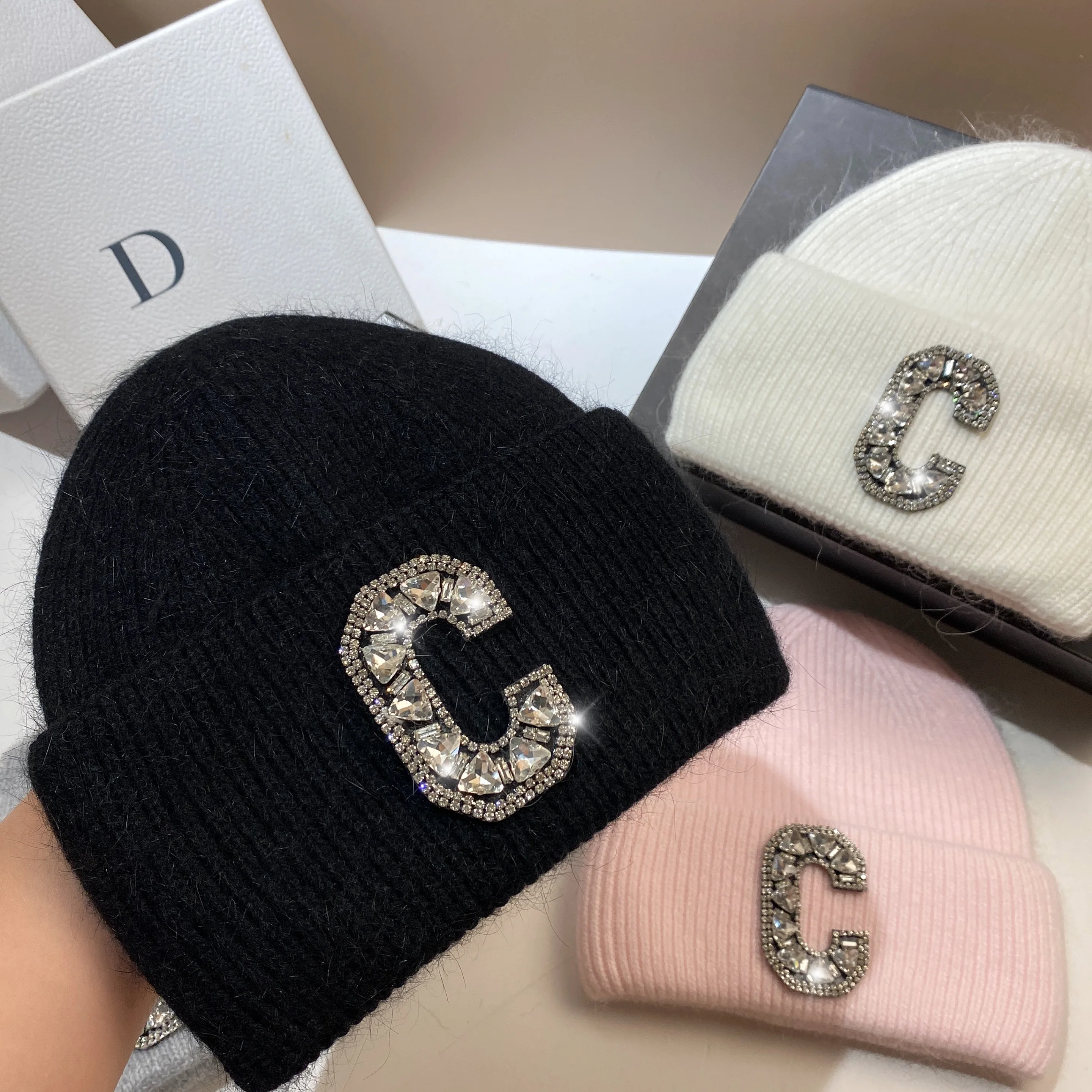 

High grade rhinestone C-letter rabbit hair knitting hat Nordic thickened warm wool hat Autumn and winter outdoor ear protection