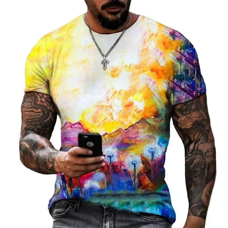 Herren 3D-Volldruck-T-Shirt Buntes Abstraktes Ölgemälde Splash Rundhals Casual Sommer Street Top – Detail 3