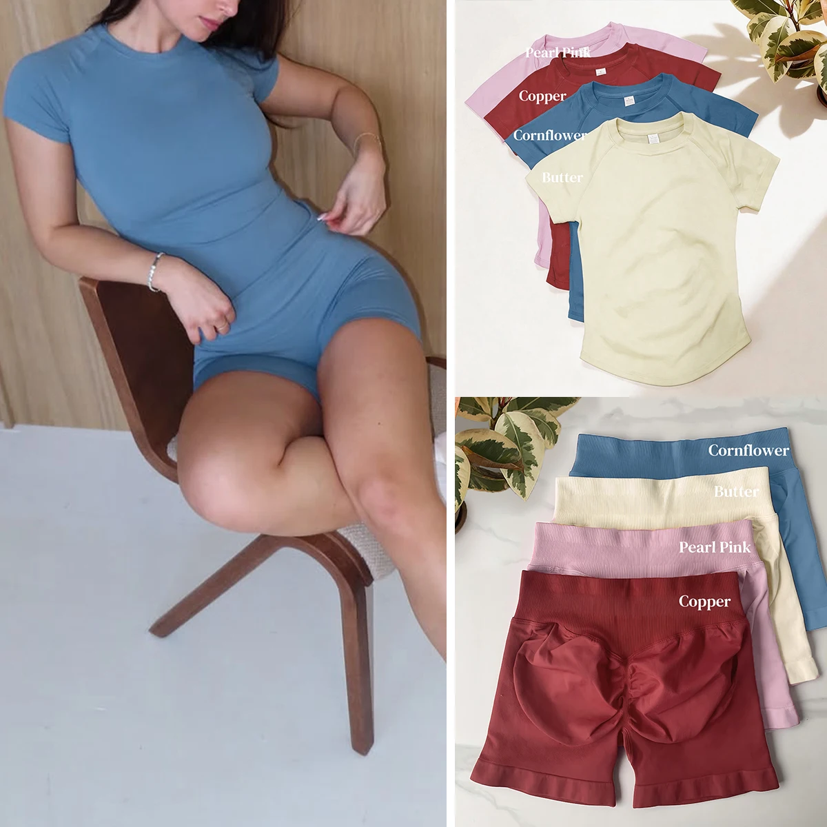 Conjunto Deportivo de 2 Piezas Sin Logotipo, Camiseta de Yoga con Cuello Redondo y Pantalones Cortos Sin Costuras, Ropa Deportiva para Ciclismo y Gimnasio