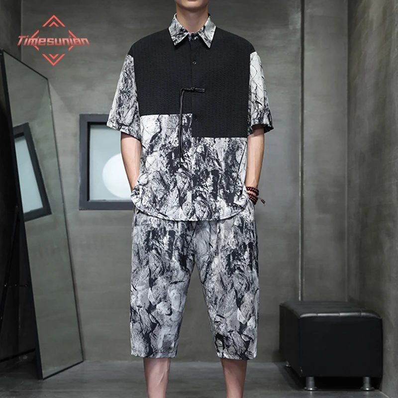 

Chinese New Style Men's Summer Set Ice Silk Shirts and Shorts 2-piece Set Man Clothing