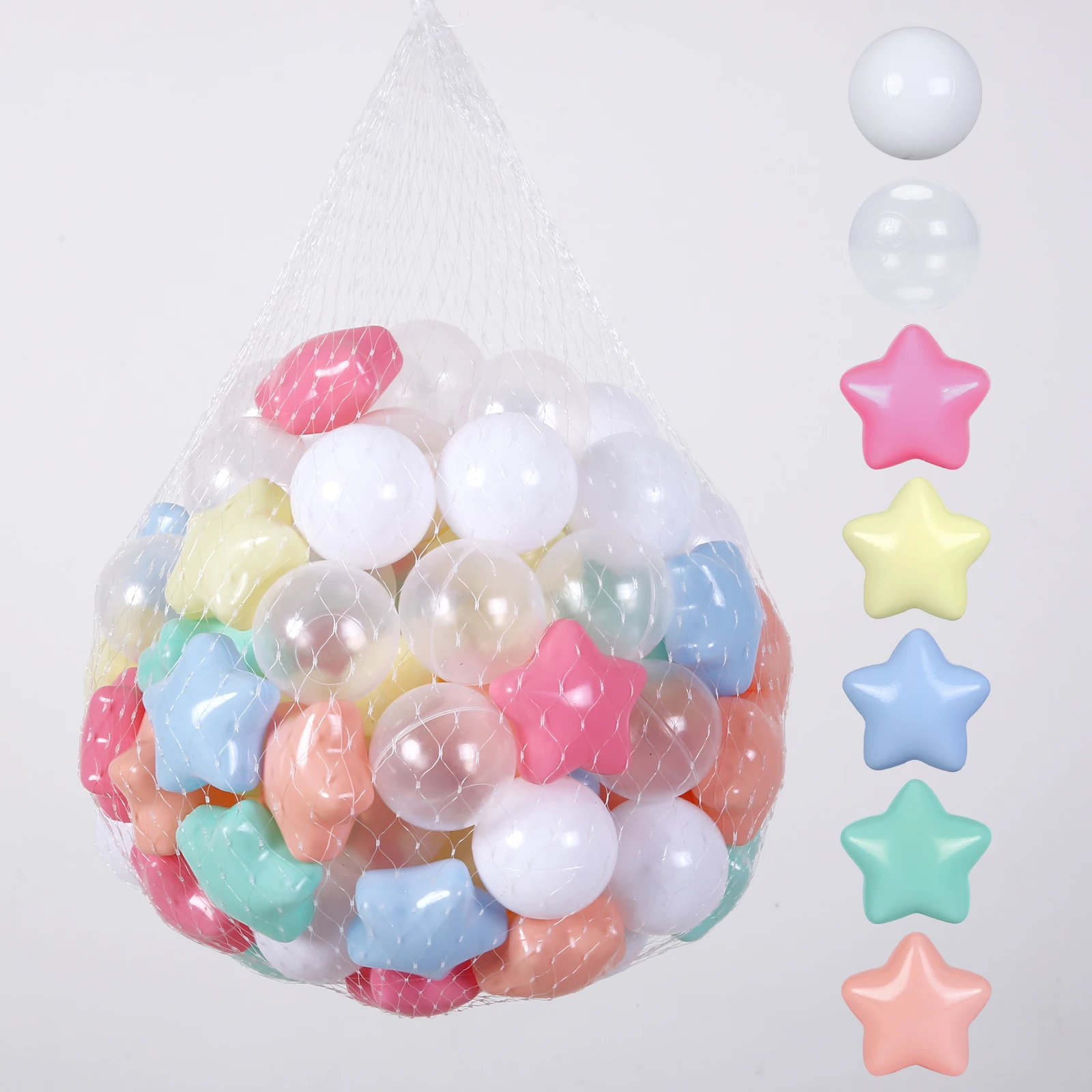 100 Uds. Mezcla de estrellas y formas redondas, pelota ecológica, pelota de piscina suave aleatoria colorida, juguetes, centro de Aprendizaje Temprano para niños