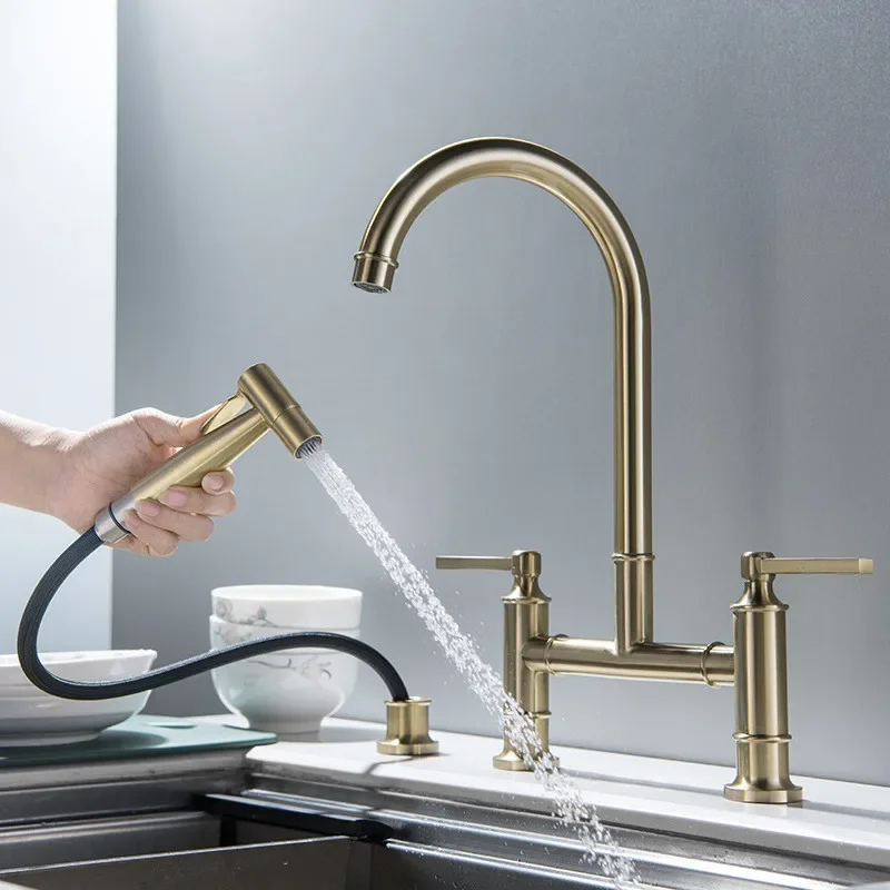

Brushed Gold Kitchen Faucet with Hand shower Head Pot Filler Tap Deck Mounted Hot Cold Black Sink Tap Spout Brass