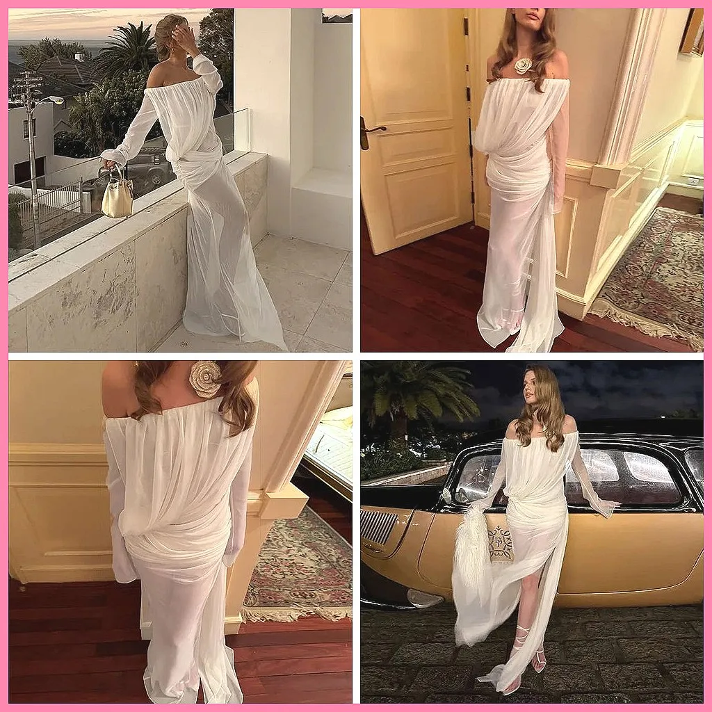 

Sexy One Shoulder Mesh Maxi Dress with Thigh Split, Elegant Long Sleeve See-Through White Vacation Dress (Character Count: 78)