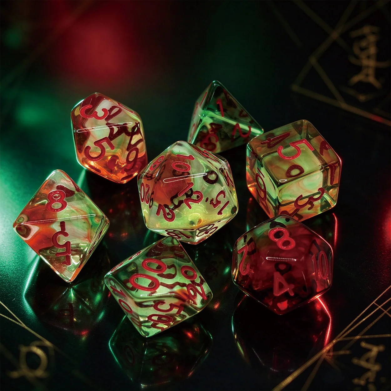 Magic Potion Design Red-Green Swirl DND Dice Set, 7pcs Transparent Polyhedral RPG Dice for Tabletop Roleplay Game, Game Gift