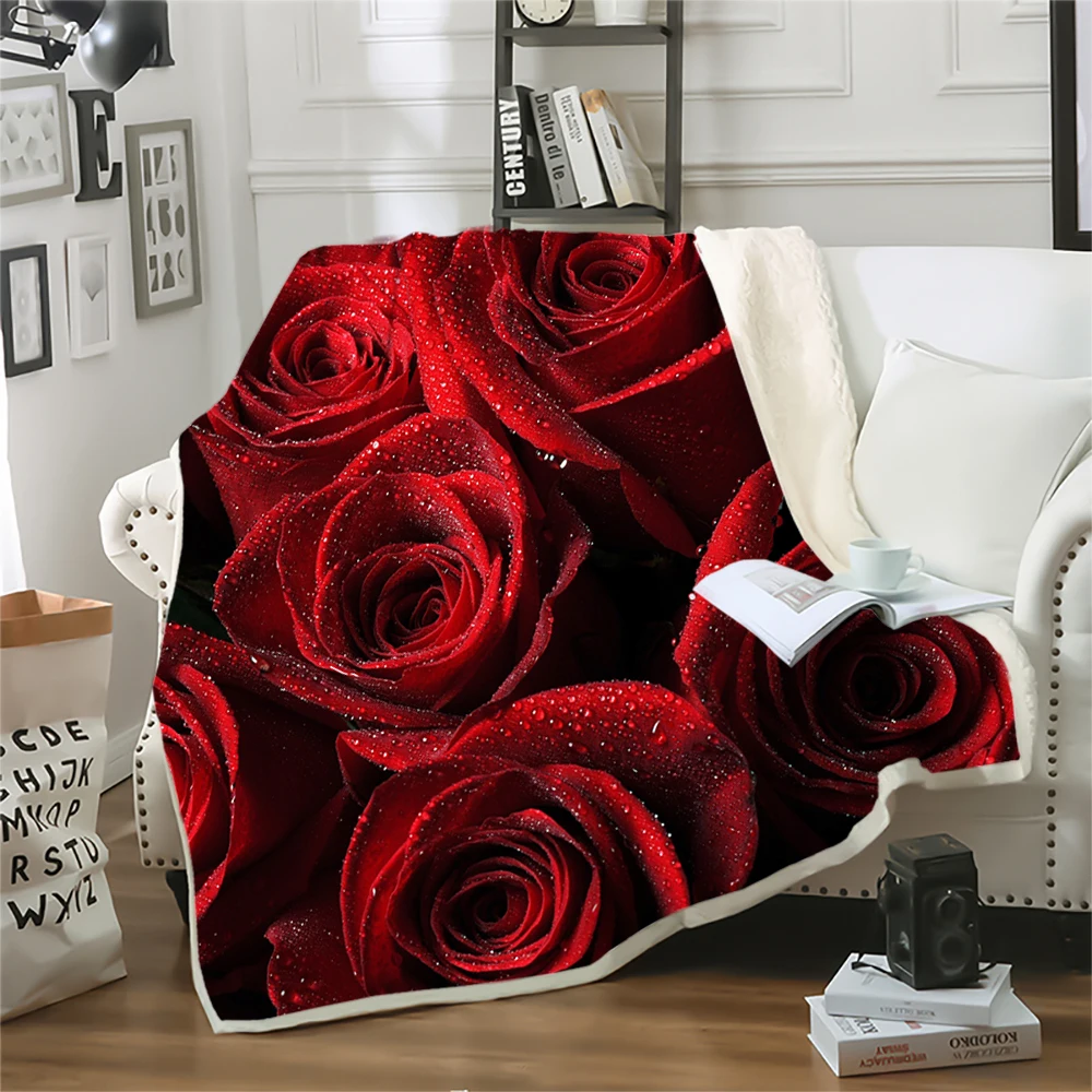 

HX Fresh Floral Blankets Red Rose Petal Art 3D Graphic Printed Throw Blankets for Bed Nap Keep Warm Double Layer Quilts