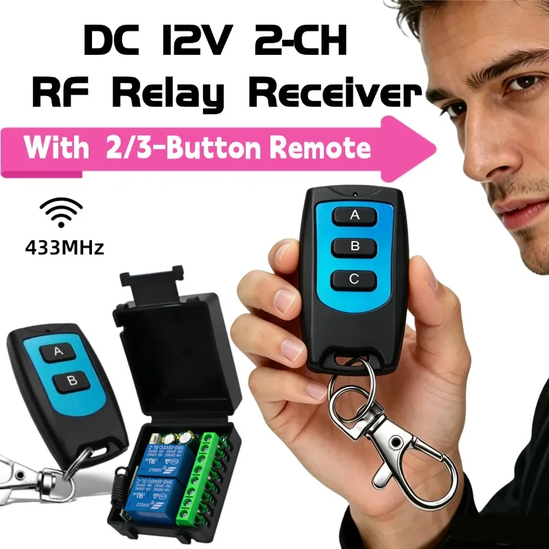 2-Channel 433MHz RF Wireless Remote Control Switch DC 12V 24V Relay Receiver Module Suitable Garage Door Led Light Transmitter