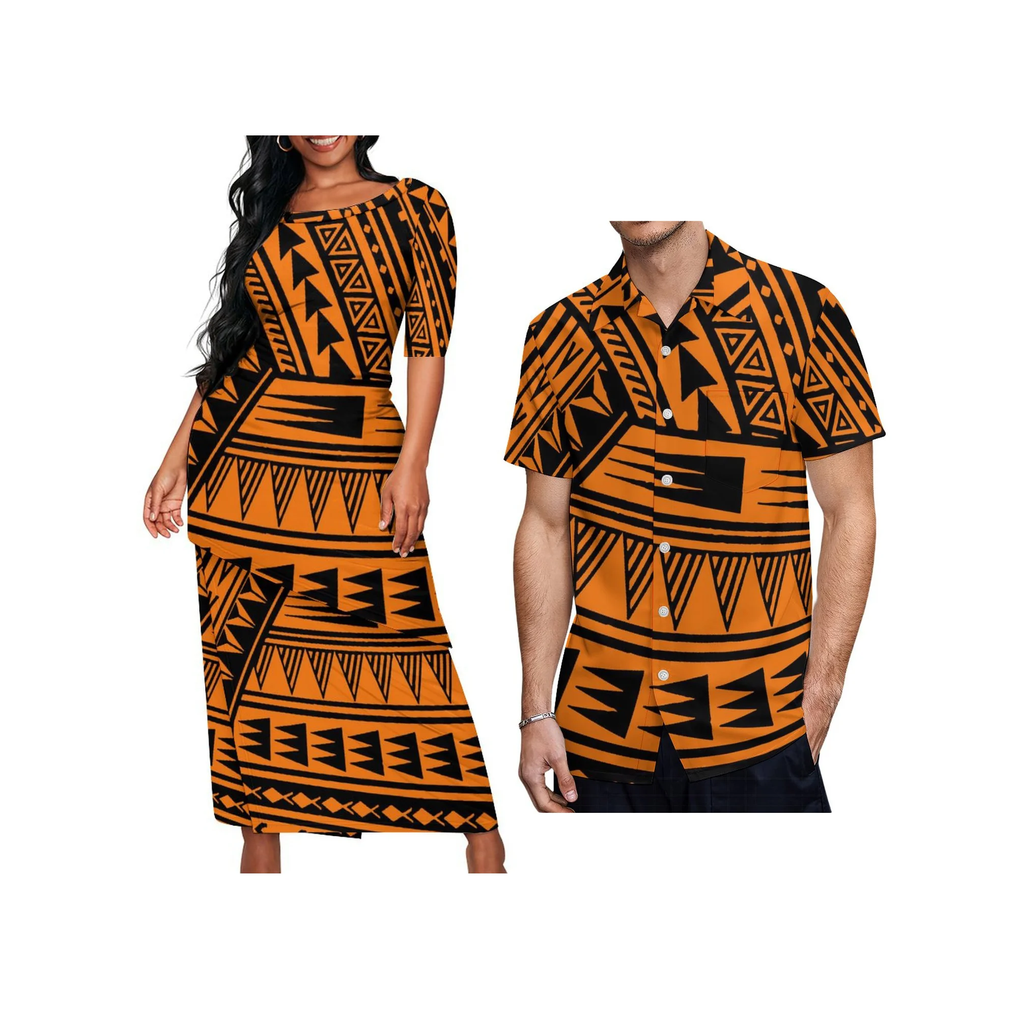 New Fashion Wholesale Customized Tongan Puletasi Samoa Set Polynesian Tribal Print Women Oblique Hem Long Dress 2pcs