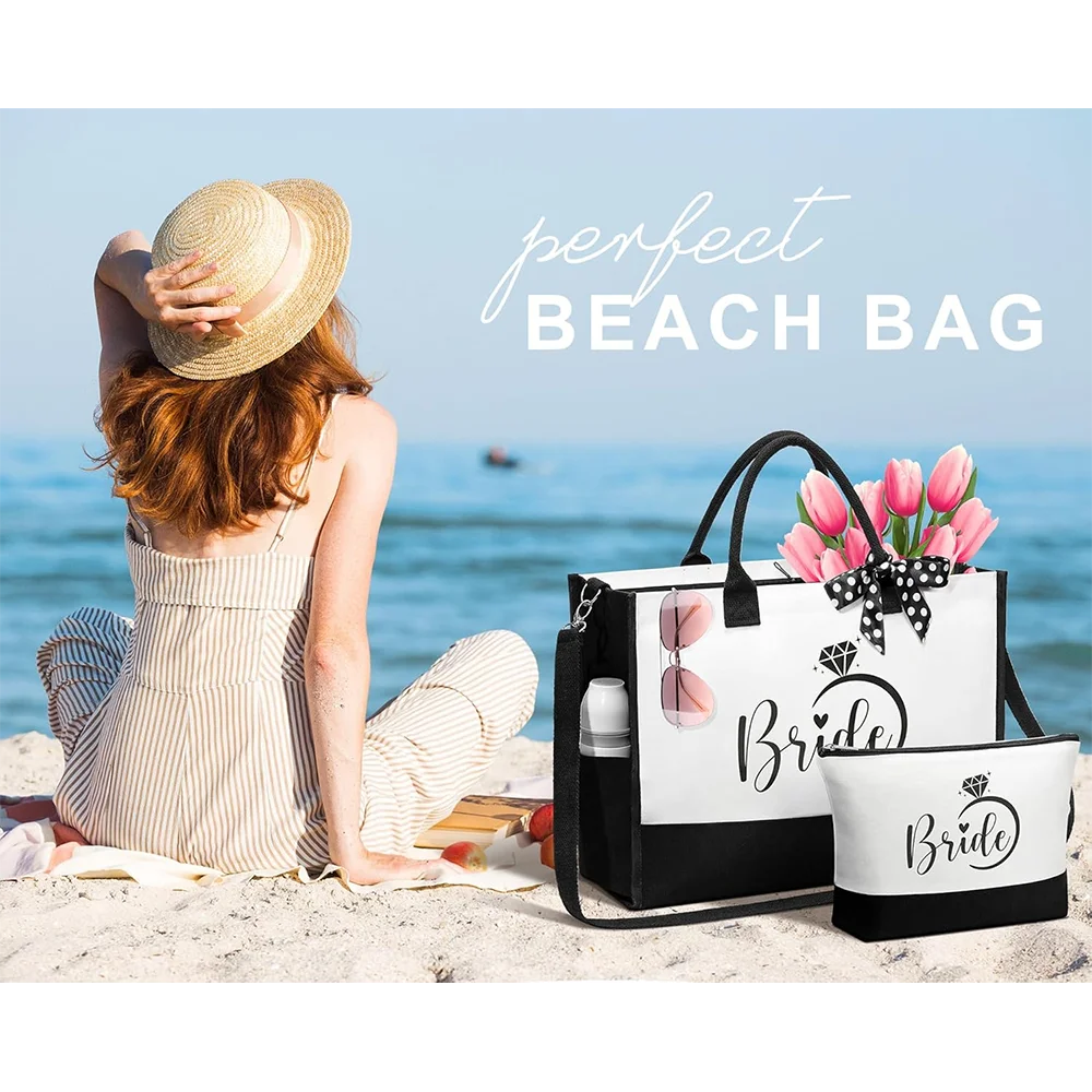 Wedding Bridal Shower for Bride to Be Bachelorette Party Gift for Set Canvas Beach Tote Bag Makeup Bag for party decoration gift