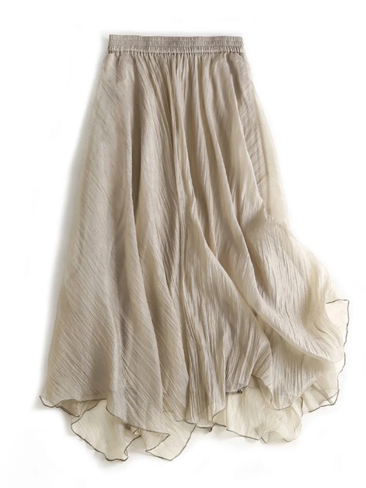 Falda Midi acampanada de cintura alta para mujer, falda larga de lino de doble capa, falda artística de lino y algodón para el cuerpo, Color puro para ir al trabajo