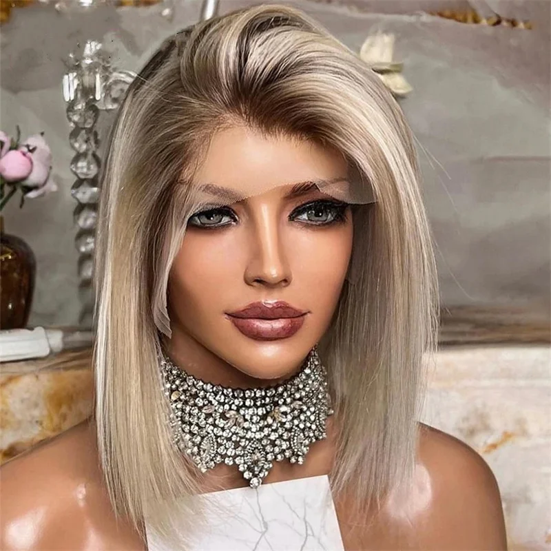 

Ash Blonde Ombre Bob Cut Wig Brazilian Virgin Human Hair Short Wig for Women Glueless Lace Front Wig