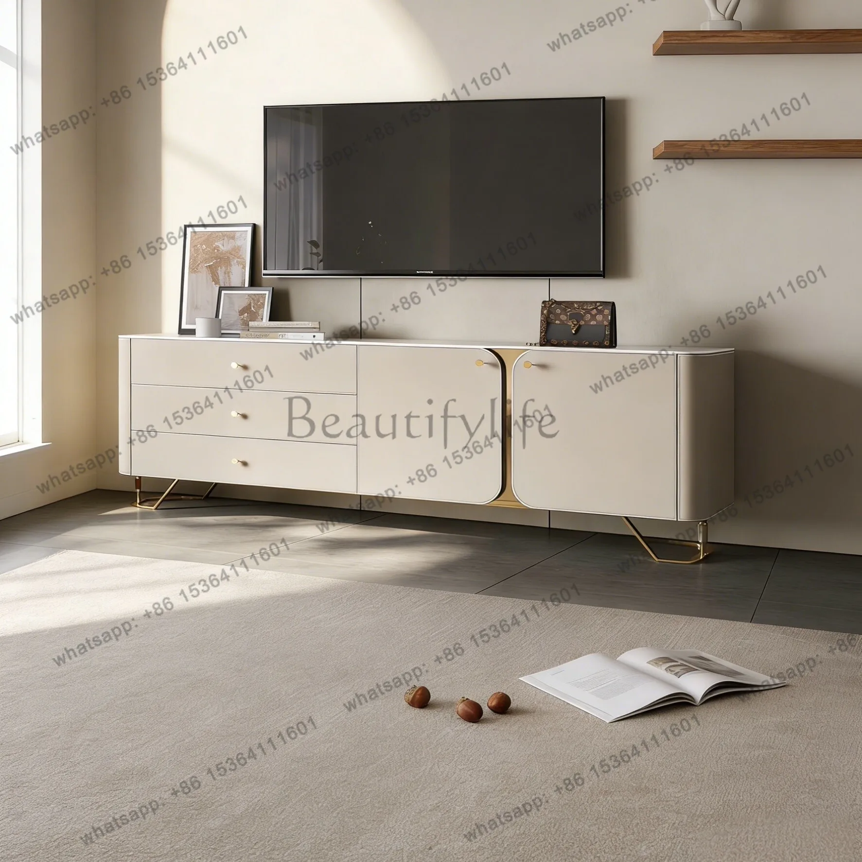 Light luxury solid wood saddle leather TV cabinet living room modern home