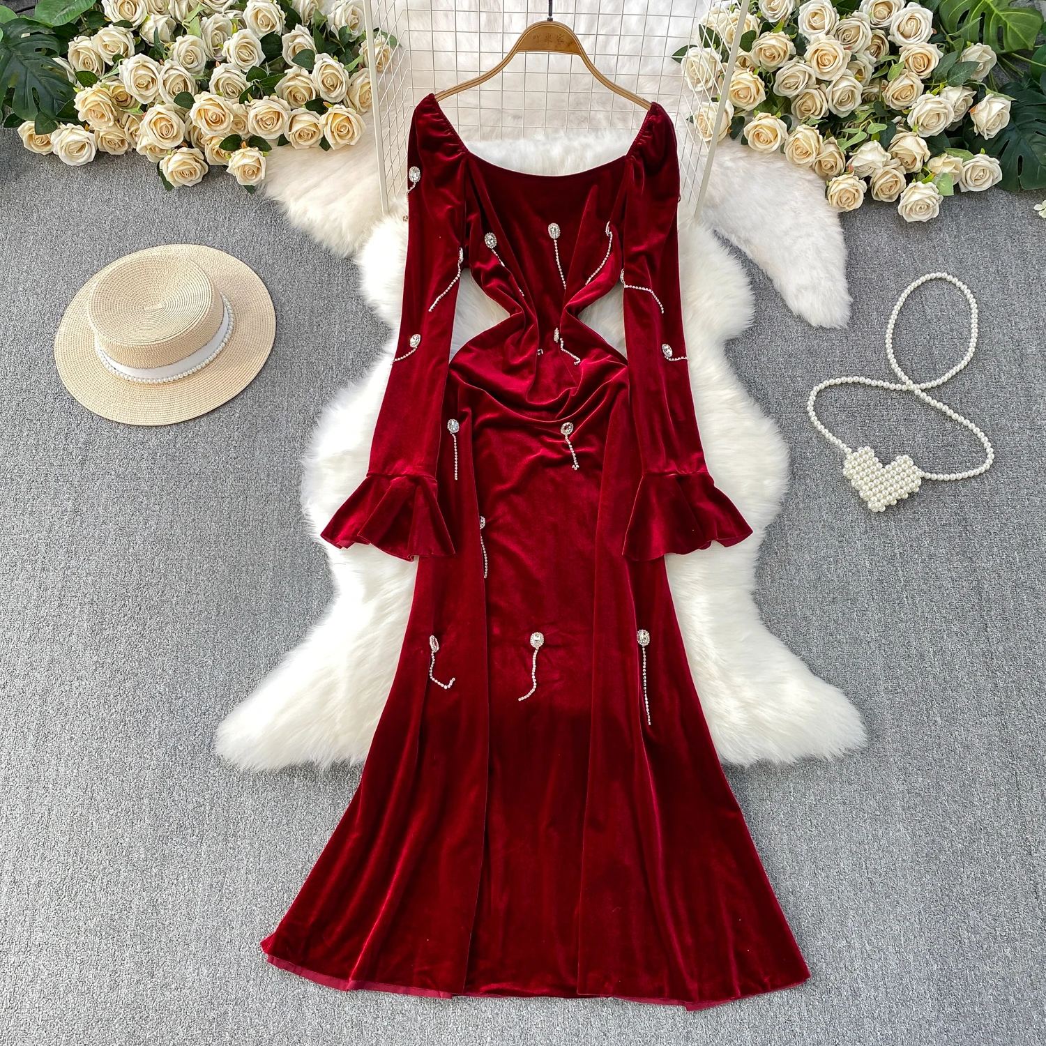 أنيقة خمر مضيئة الأكمام تقسم طويلة الأكمام أنيقة الجنية الكورية أزياء الخريف فستان الشمس النساء الملابس