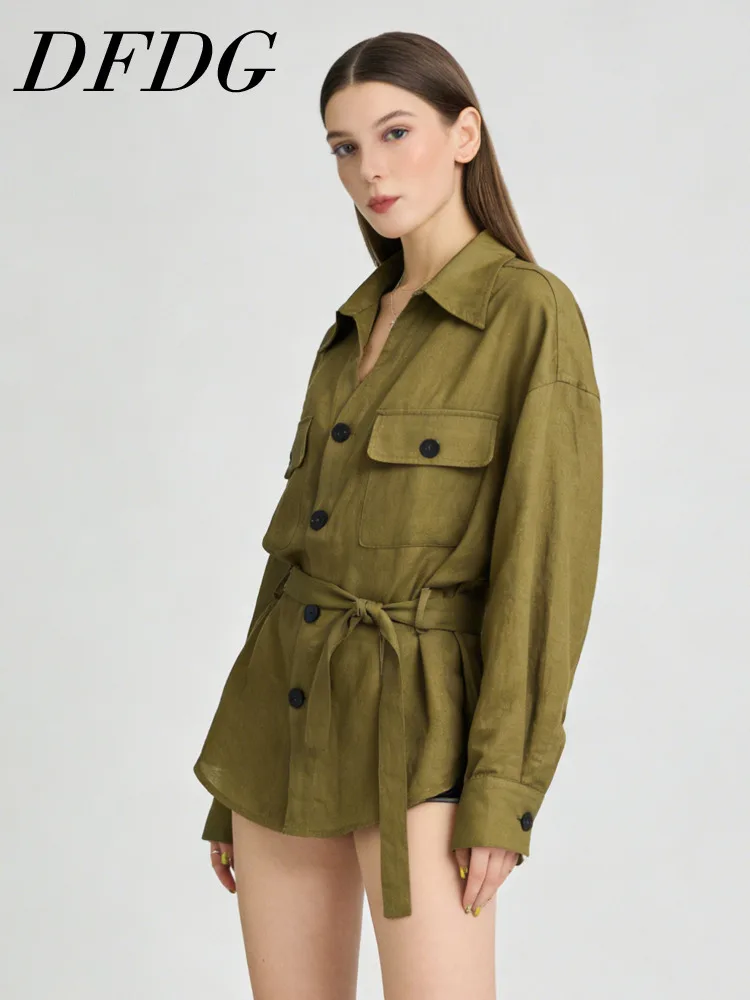 

Женская рубашка DFDG 2026 Весна-Лето, повседневная, свободного кроя, с отложным воротником, завязками на талии, нагрудным карманом, на пуговицах