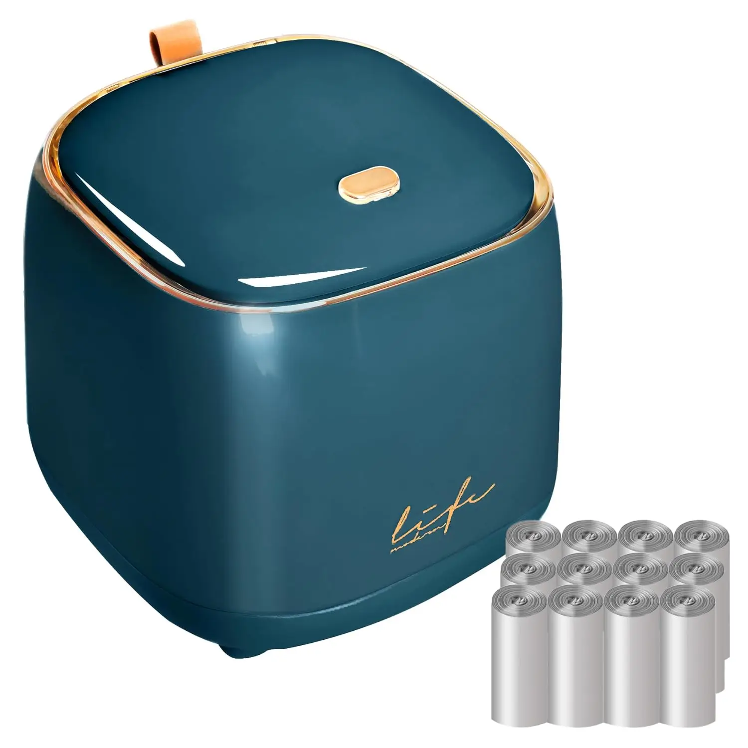 

Mini Countertop Trash Can with 12 Rolls of Bags, Press Type Lid, Desktop Trash Can for Bathroom Vanity Home Office, Dark Green