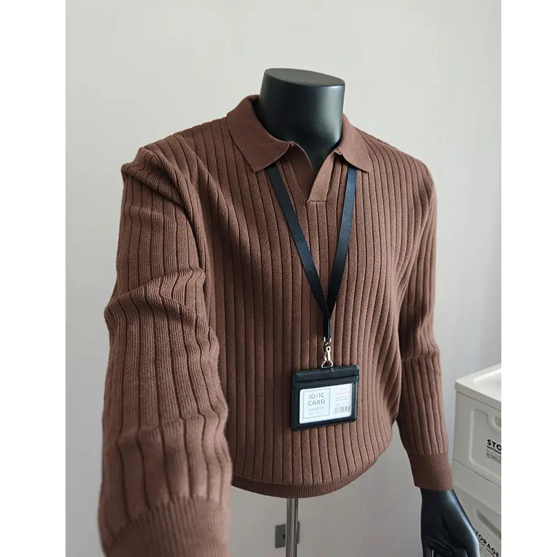 

Модный вязаный свитер унисекс в нейтральном стиле с V-образным вырезом и воротником-стойкой, в корейском ретро-стиле, для ношения под одеждой