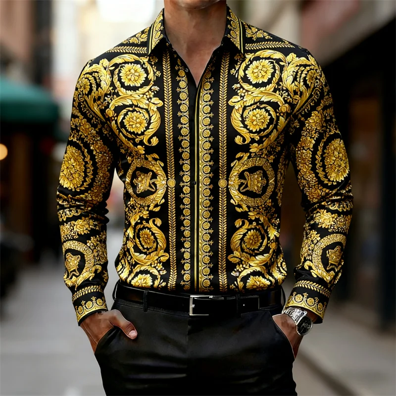 

Men's Fashion Slim-fit Courtier High-Resolution Print Shirt - Luxurious Baroque Style Golden Patterned Long-Sleeved Shirt