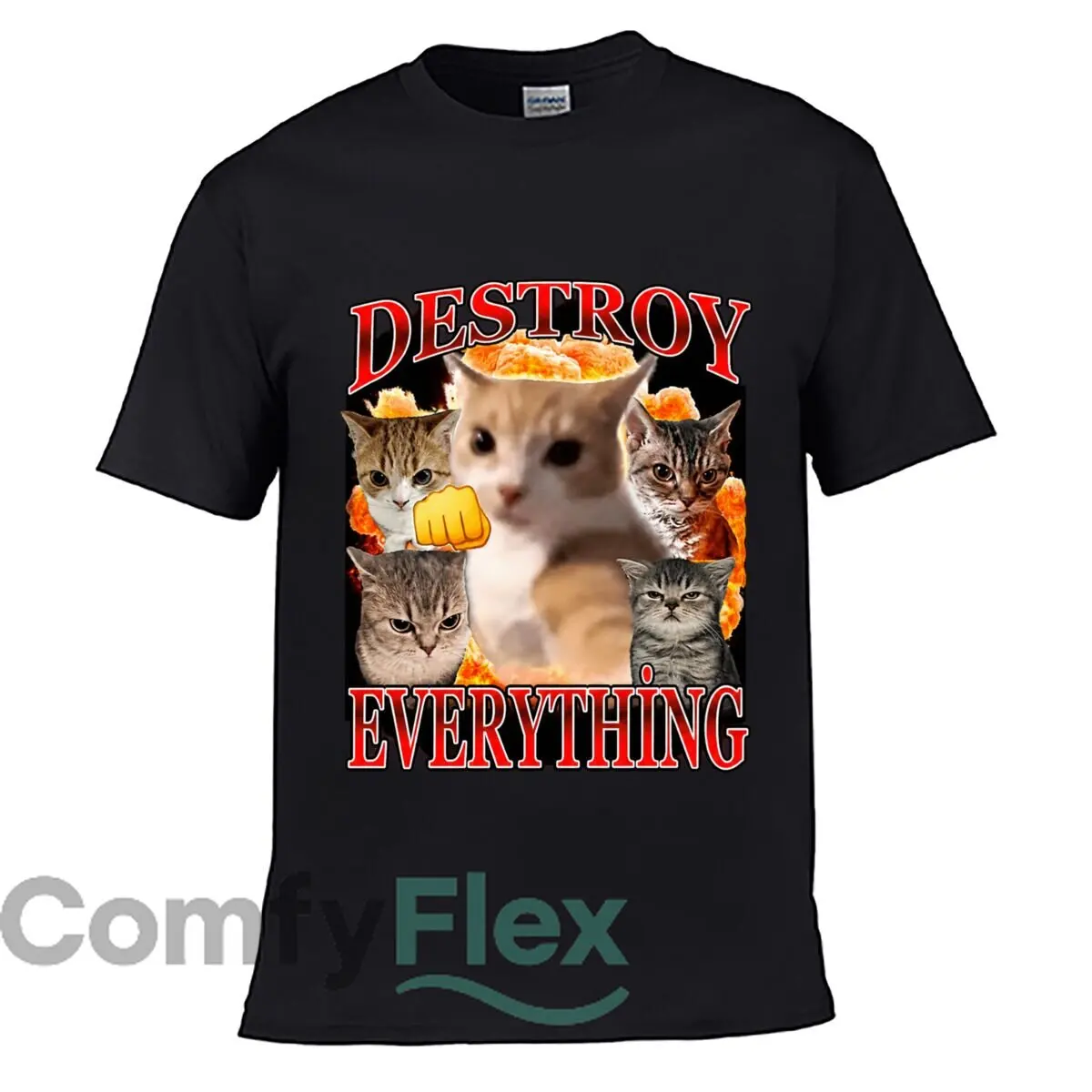 Destroy Everything Angry Cats Explosion Meme Men Summer Washed Tee Loose Distressed Top