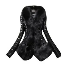 Winter New Slim Imitation Fox Fur Collar Fur Pu Leather Long Sleeve Medium And Long Fashion Street Splicing Thin Coat