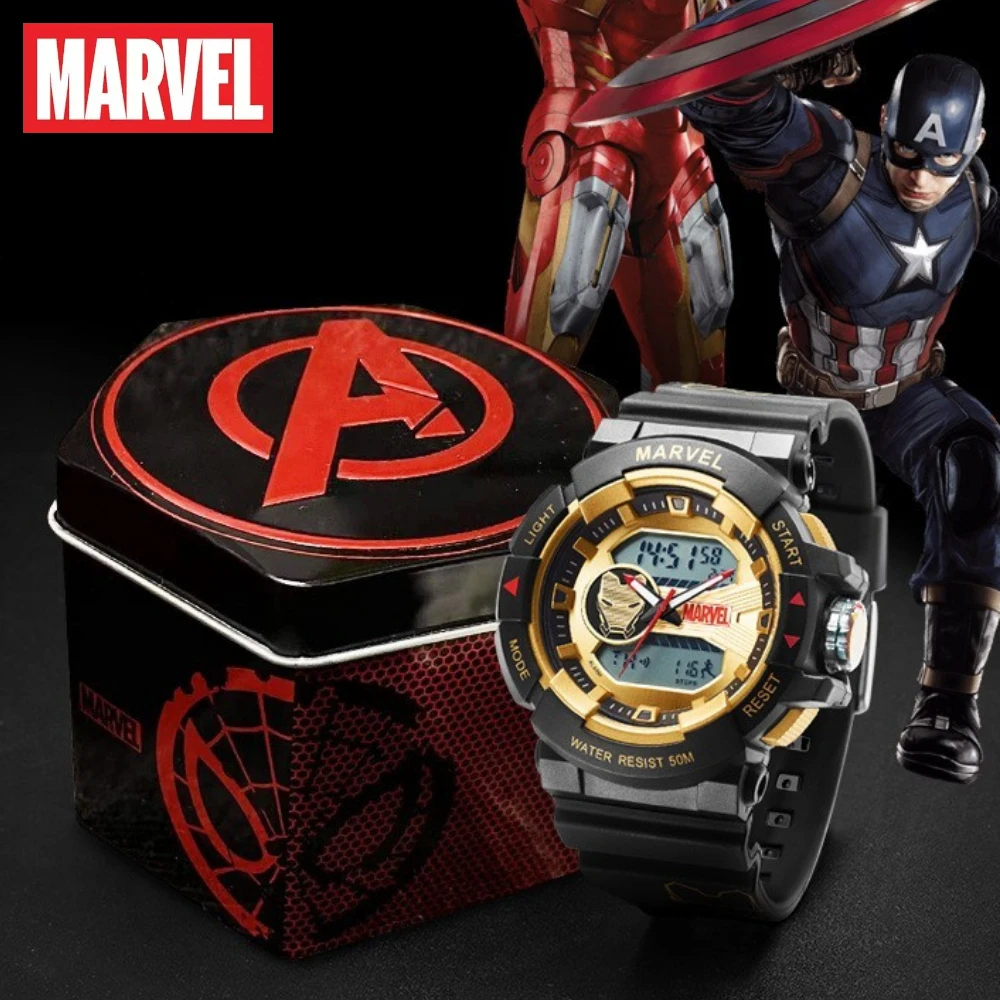 Marvel Disney Gift With Box Iron Man Core Sports Dual Display Luminous Waterproof Alarm Clock Children\'s Electronic Watch