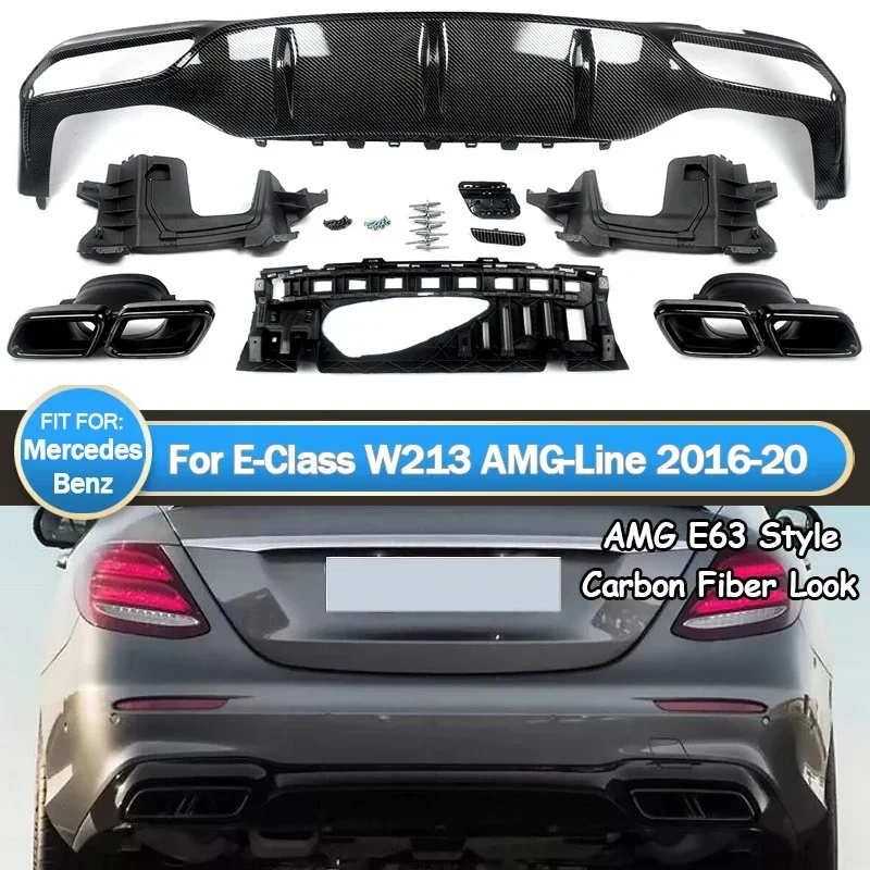 AMG E63 Carbon Style Rear Diffuser Lip WithTailpipes Exhaust Tip for Mercedes-Benz E Class W213 2016-2020 with AMG-Line