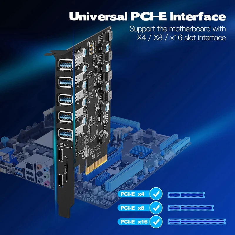 PCI-E To USB 3.2 Type Card Gen 2 Adapter With 20 Gbps Bandwidth 7-Port(5XUSB-A+2Xtype-C) Expansion Card Support MAC 10G