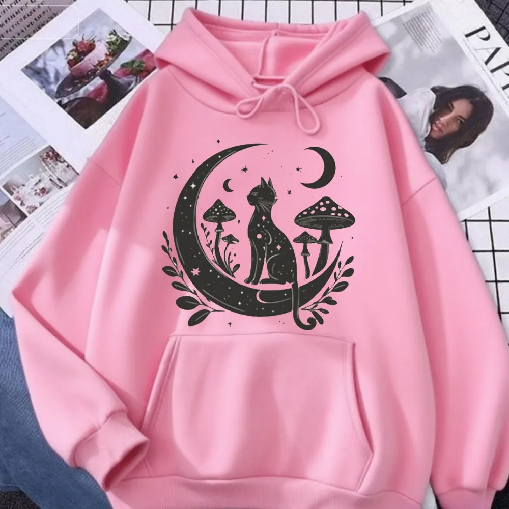 Gato celestial moletom feminino crewneck moletom lua hoodie roupas de yoga pulôver espiritual witchy com capuz presentes para ela