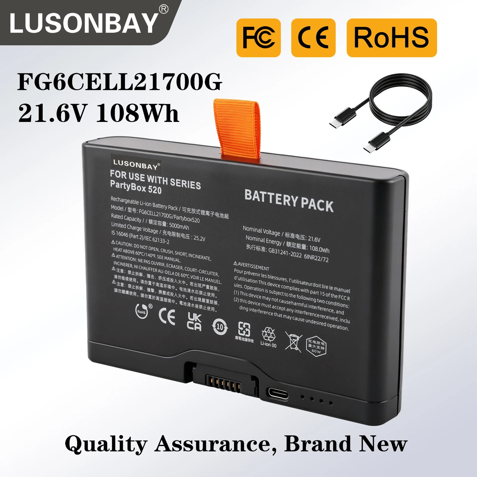 LUSONBAY FG6CELL21700G Ersatz-Li-Ionen-Akku für JBL 600 für PartyBox 520 720 Boombox4 Bluetooth-Lautsprecher mit Typ-C-Kabel