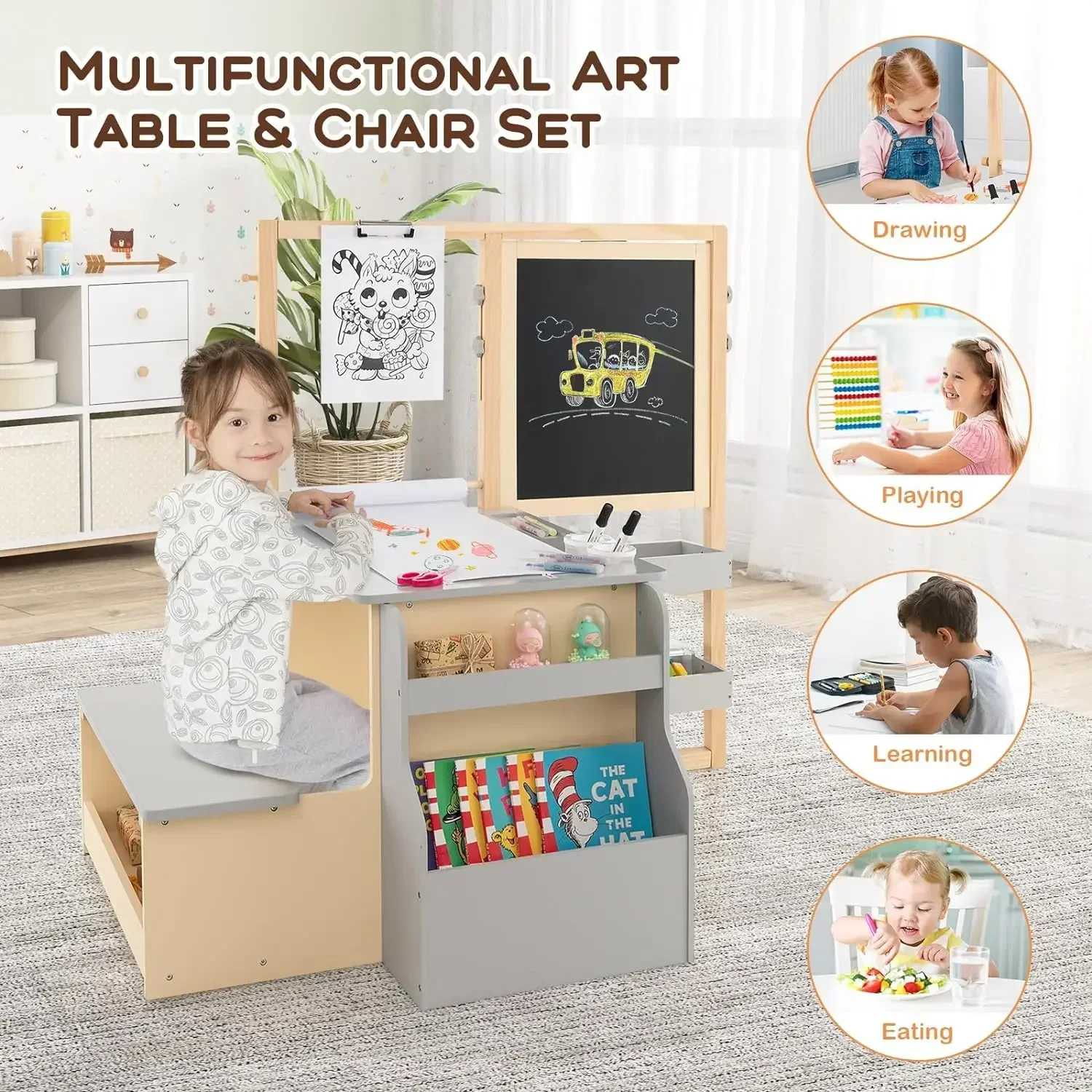 Easel for Kids,Wooden Art Center with Double-Sided Blackboard & Whiteboard for Drawing,Crafts, Writing,Toddler Activity Table