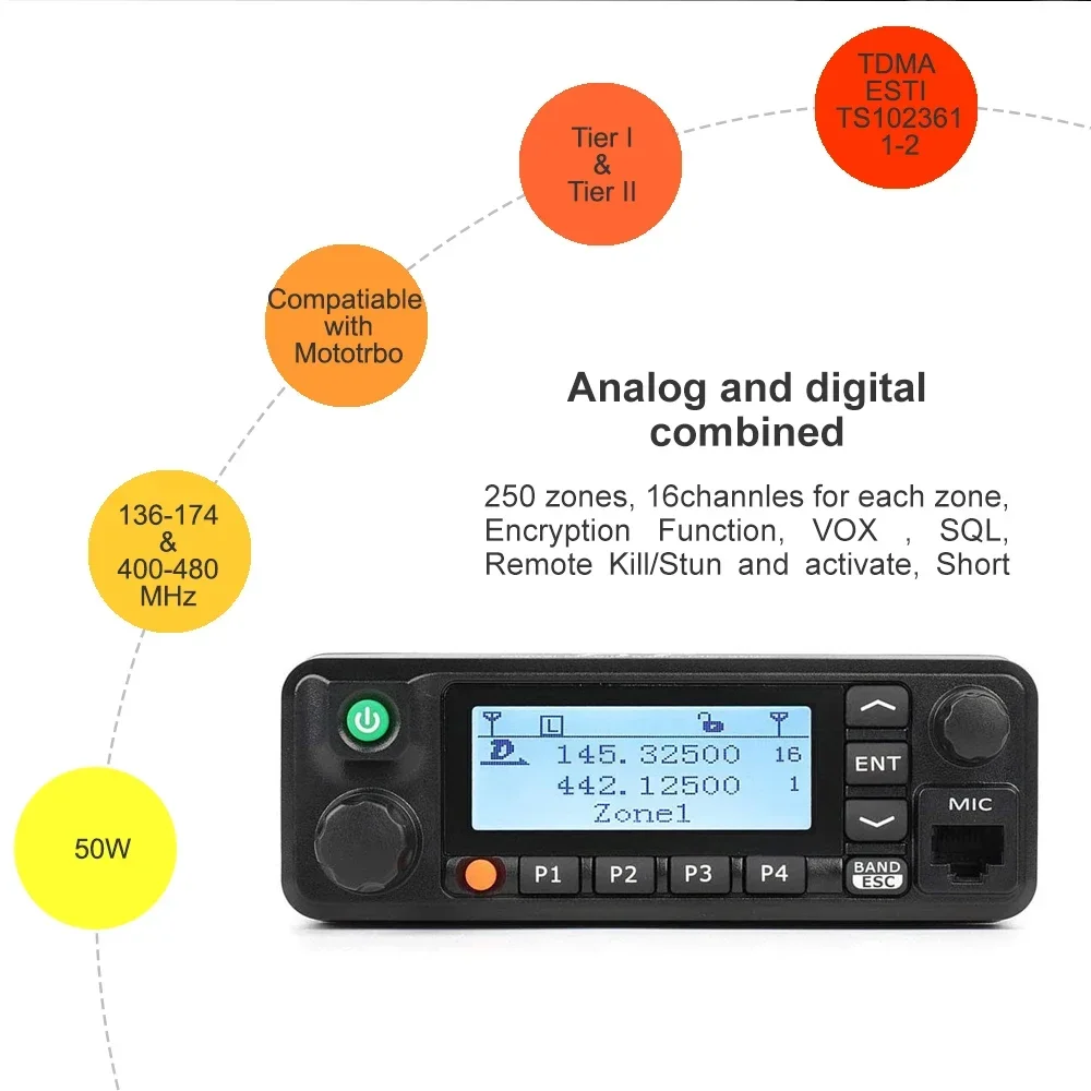 TYT MD-9600 Dual Band 136-174MHz & 400-480Mhz Digital Mobile Radio 50/45/25W High Quality DMR Radio + 1 Programming Cable