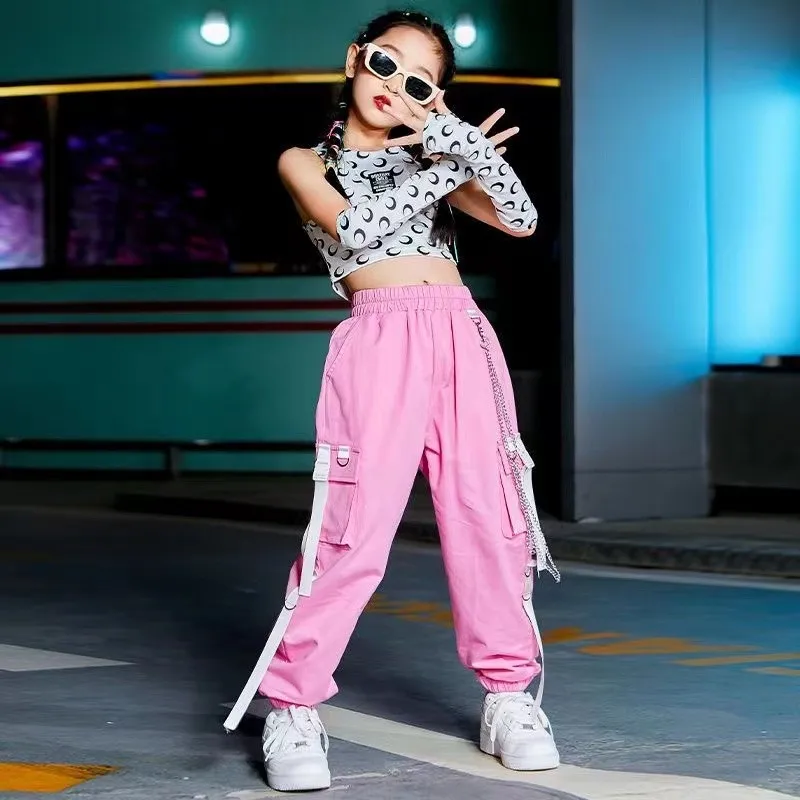 Pink Hip-Hop Street Dance Clothe Rave Clothing Summer Girl Sets K-pop Outfit Crop Tops Cargo Pants Performance Costume 120-170CM