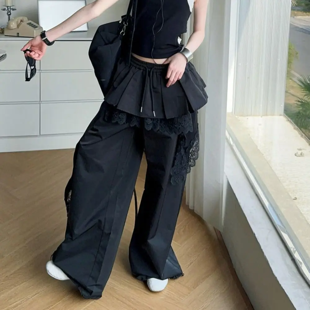 

Sweet Young Women Lace Patchwork Pants Baggy Hip Hop Lace Tiered Skirt Pants Drawstring High Waist Wide Leg Trousers Lady