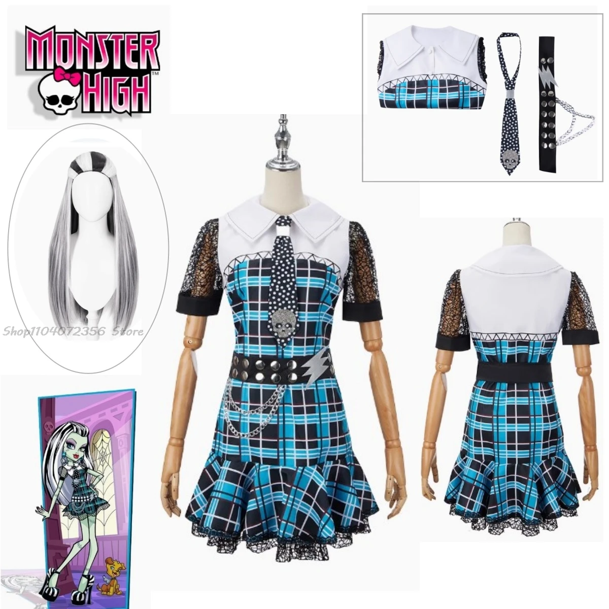 

Женский костюм для косплея Monster High Frankie Stein, костюм парик для косплея на Хэллоуин, карнавал, ролевые игры, синие кружевные туфли