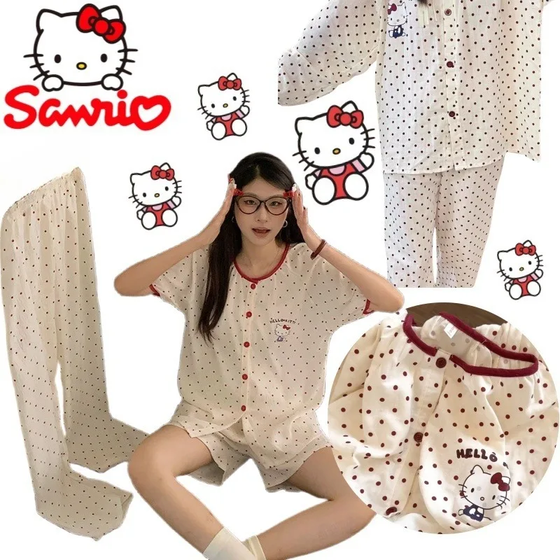 

Sanrio Hello Kitty, высококачественная милая пижама в горошек с круглым вырезом, хлопковая пижама с облаком, весна-лето, осень, домашняя одежда, милый комплект с героями мультфильмов