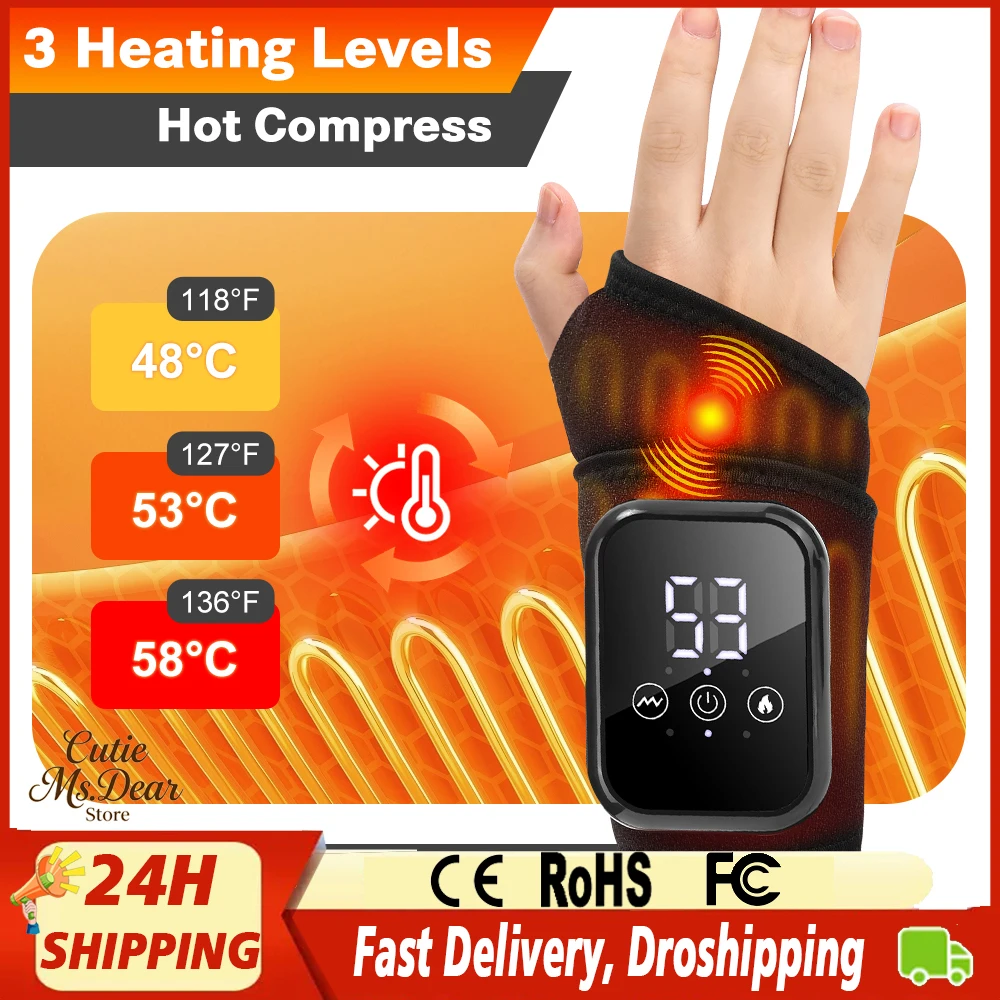 

Беспроводная грелка на запястье с 3 уровнями нагрева, 3 вибрация, массажный бандаж на запястье с подогревом, компресс, перезаряжаемый запястье