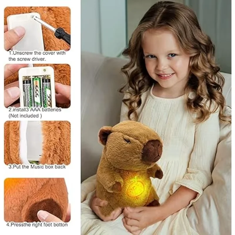 كابيبارا سنوبي كلب أبيض من القطيفة يساعد على النوم مع ضوء ليلي متوهج ناعم وموسيقى مهدئة مقلدة ألعاب مريحة وقت النوم #5