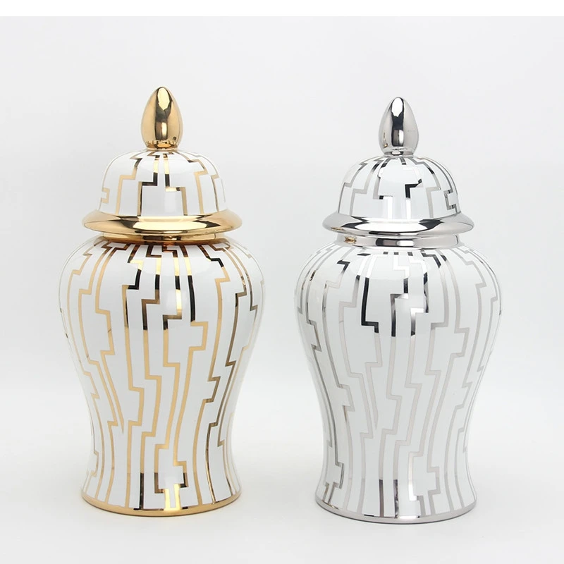 Gold and Silver Stripes Ceramic Storage Jar Generic Ginger Bottle with Cover Vase Home Decoration Flower Arrangement Accessories