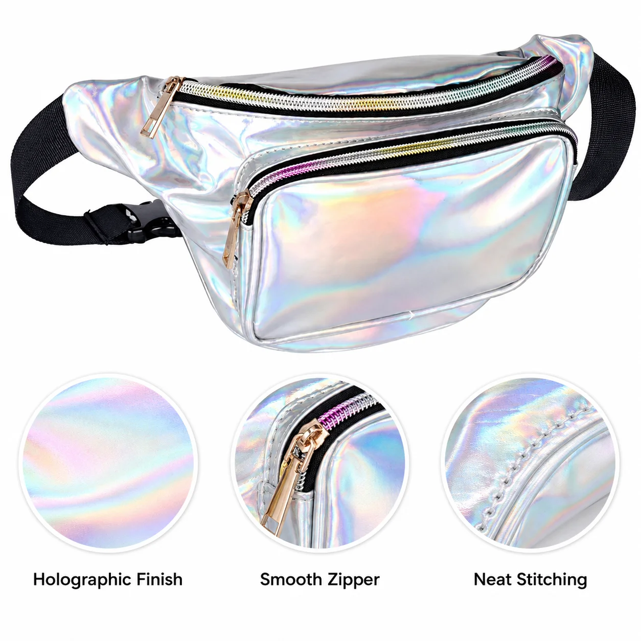 Holographic Fanny Pack for Women Shiny Waist Bag with 2 Zipper Pockets Adjustable Strap Fashion Crossbody Chest Bag for Travel F