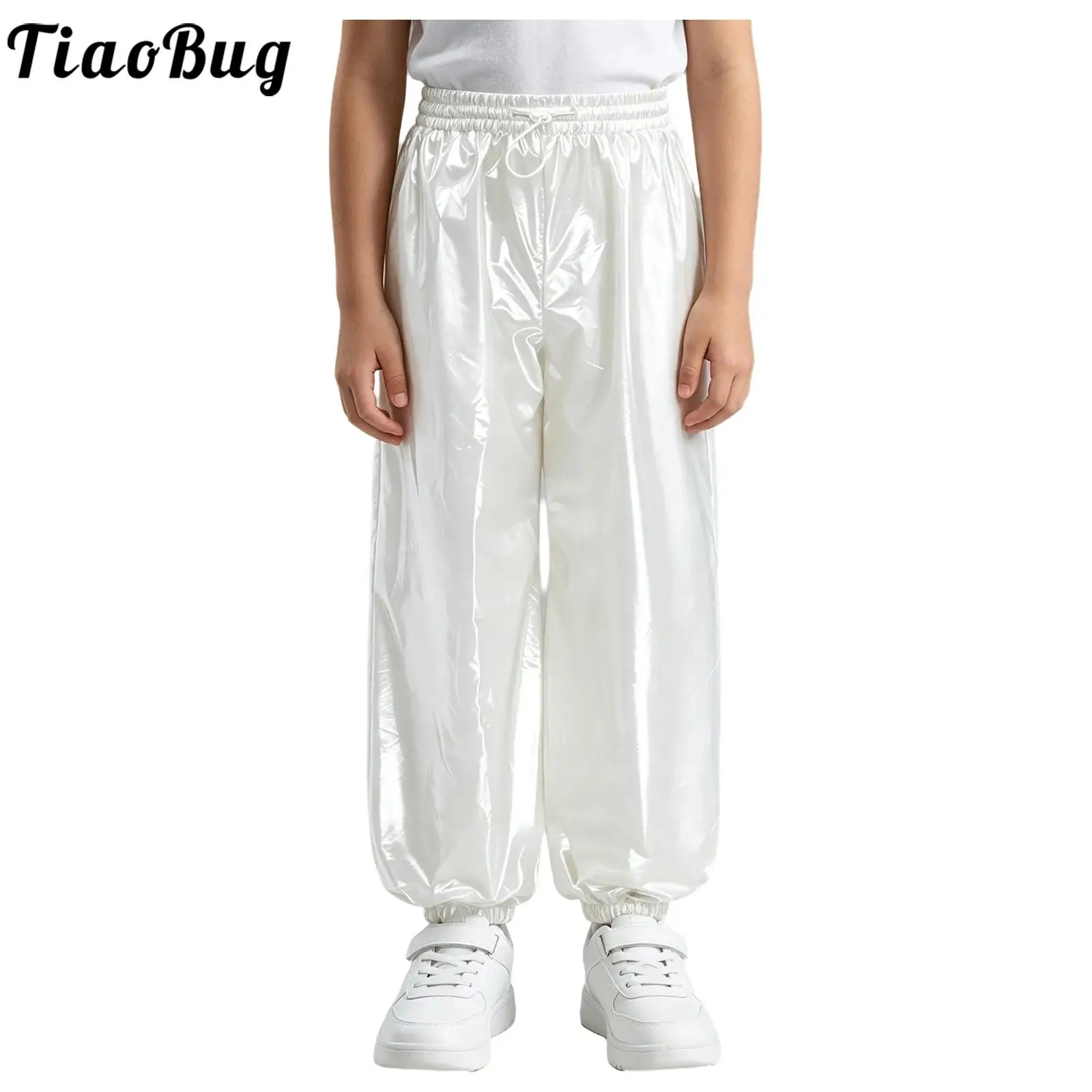Teen Boys Glossy Jogger Pants Waterproof Elastic Waistband Athletic Trousers with Pockets Outdoor Workout Cycling Sportswear