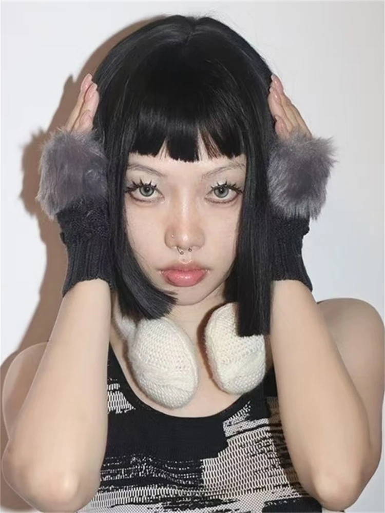 LOTDOOTN اليابانية Harajuku أفخم أصابع محبوك الكفة قفازات Y2K غطاء للأكمام شتاء دافئ الندى نصف اصبع الذراع قفازات القفازات