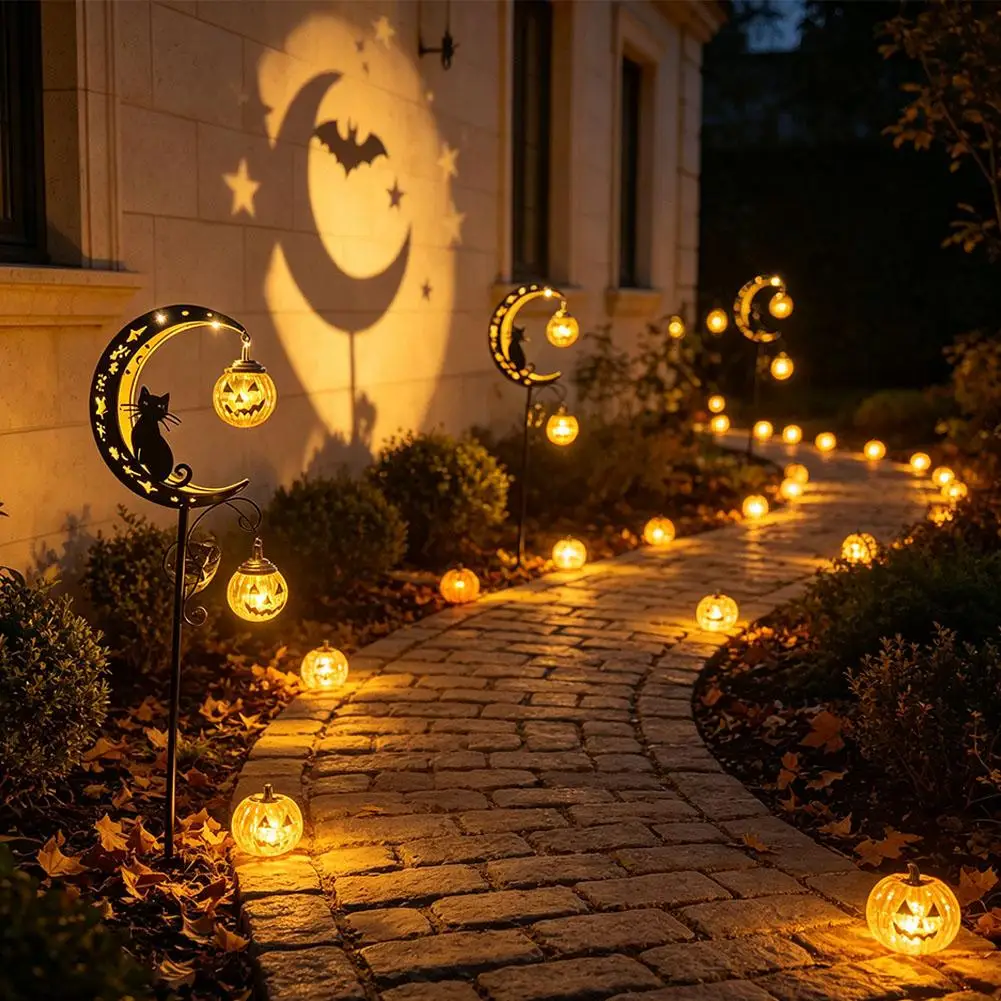 Halloween Outdoor Garden Stake Light, Rustproof Metal Moon Black Cat Pumpkin Lantern, Yard Path Decor Lamp for Holiday Decor view 4
